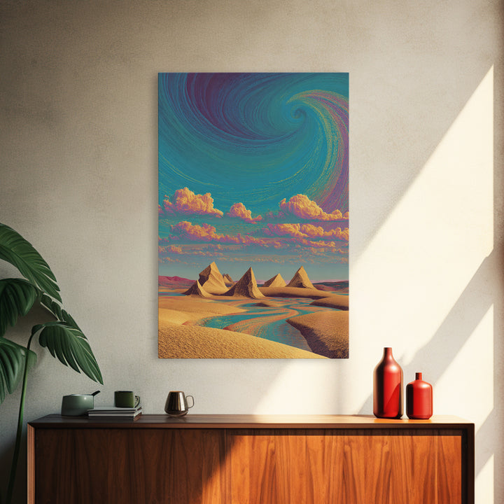 Surreal Desert Landscape With Pyramids And Swirling Sky Wall Art Modern Contemporary Canvas Print For Home Decor