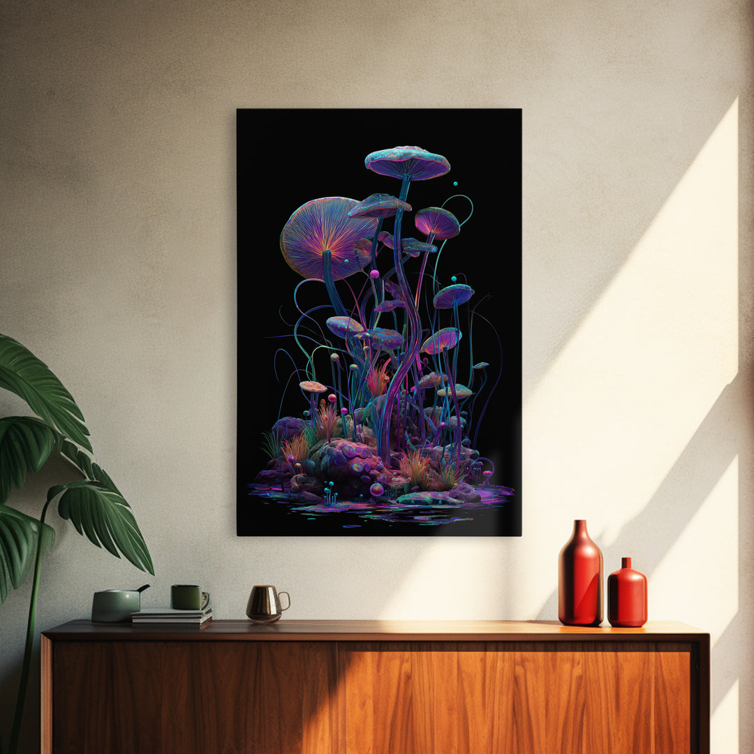 Bioluminescent Mushroom Garden On Black, Psychedelic Wall Art, Trippy Canvas Print, Gothic Decor, Unique Maximalist Gift