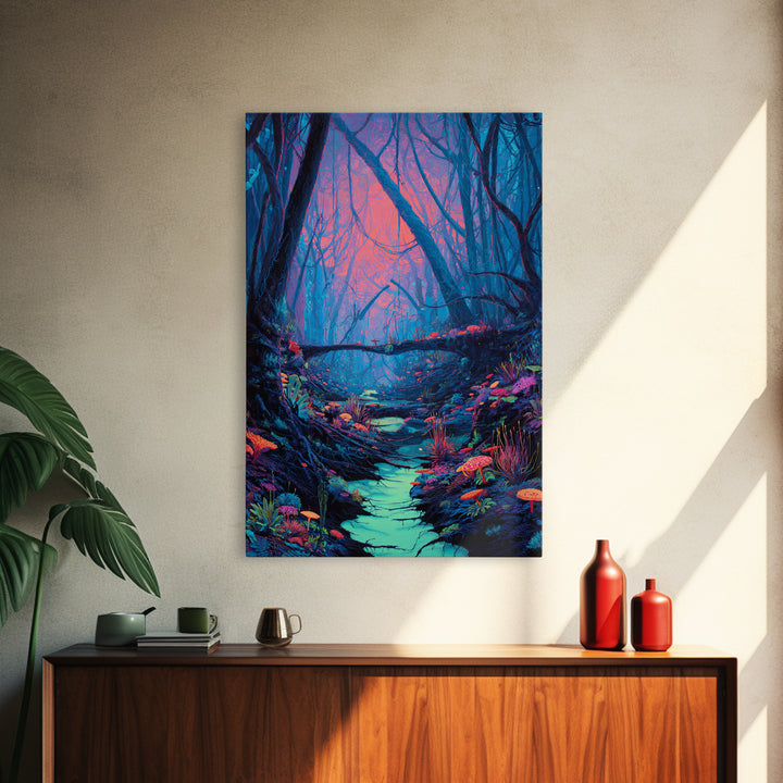 Enchanted Forest With Vibrant Colors And Glowing Mushrooms Fantasy Wall Art Print