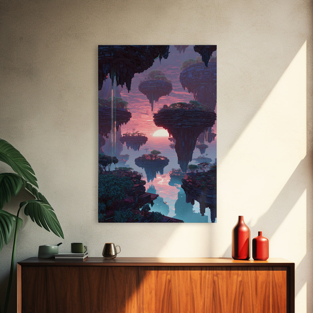 Futuristic Floating Islands With Lush Trees And Sunset Digital Fantasy Artwork Canvas Print Wall Art