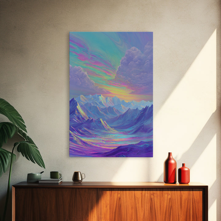 Iridescent Pastel Mountain Landscape Wall Art, Dreamy Alpine Canvas Print, Serene Calming Nature Decor, Above Bed Gift For Her