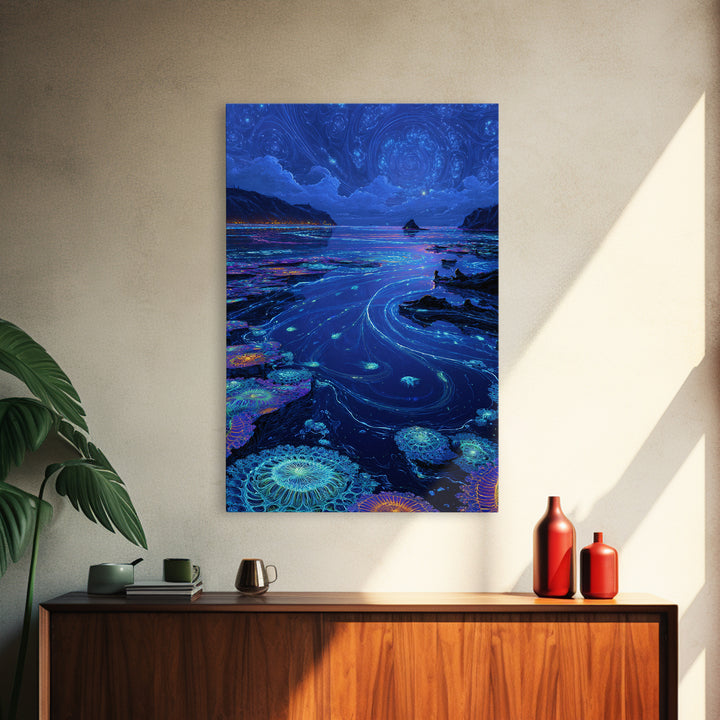 Bioluminescent Ocean Tide Pools Canvas Print, Blue Seascape Wall Art, Coastal Decor, Mystical Nature Art For Living Room