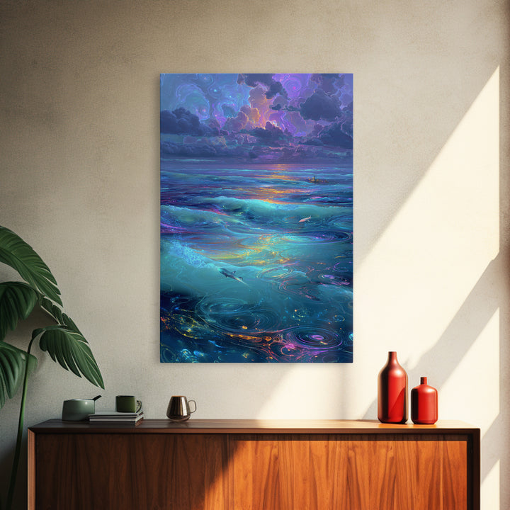 Fantasy Oceanic Scene With Sharks And Mystical Water Ripples Vibrant Colorful Wall Art Canvas Print