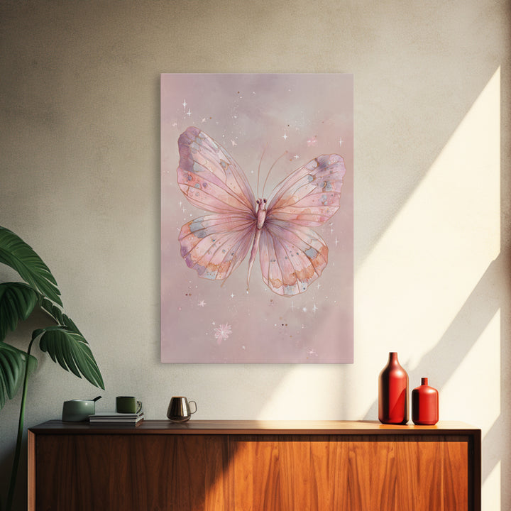 Pastel Pink Butterfly Watercolor Wall Art, Whimsical Butterfly Art Print, Nursery Decor, Feminine Bedroom Canvas Print Gift