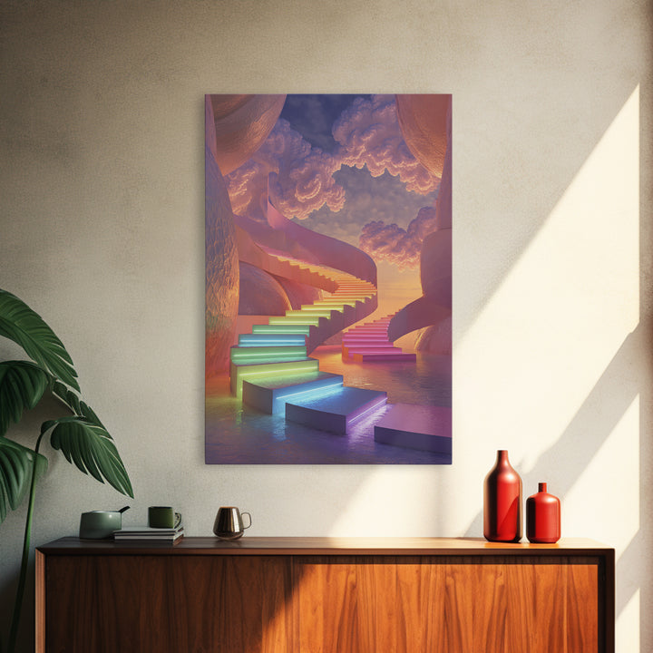 Dreamy Rainbow Stairway To Clouds Canvas Print, Surreal Pastel Fantasy Art, Celestial Wall Decor For Bedroom Home Decor Gift