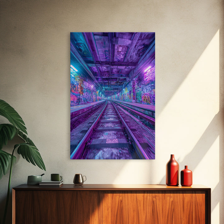 Neon Graffiti Subway Tunnel Wall Art, Cyberpunk City Canvas Print, Urban Street Decor, Apartment Gaming Room Gift For Him