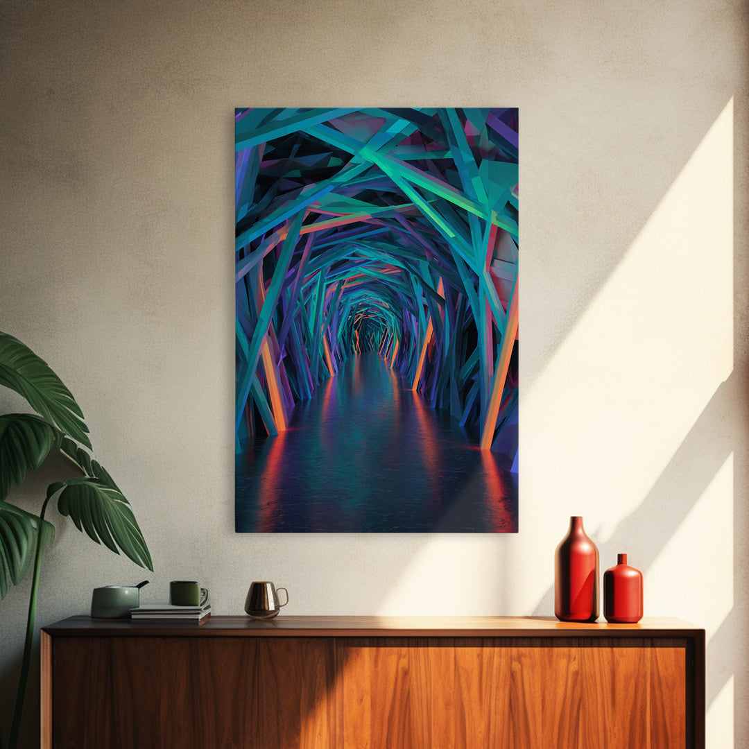 Neon Geometric Tunnel Wall Art, Futuristic Abstract Hallway Canvas, Cyberpunk Decor, Modern Office Statement Art Print Decor