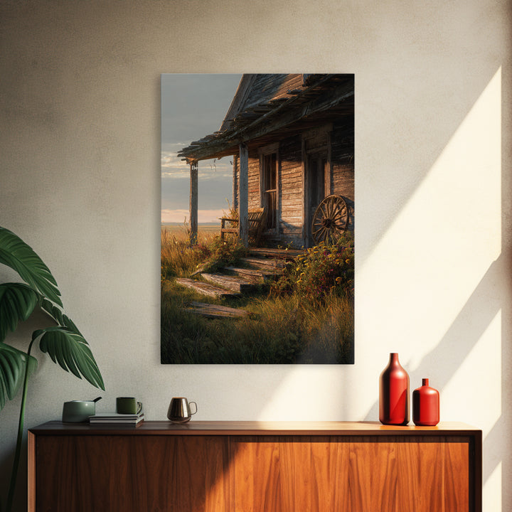 Rustic Old Wooden Cabin Porch With Wagon Wheel Country Landscape Wall Art Canvas Print For Farmhouse Decor