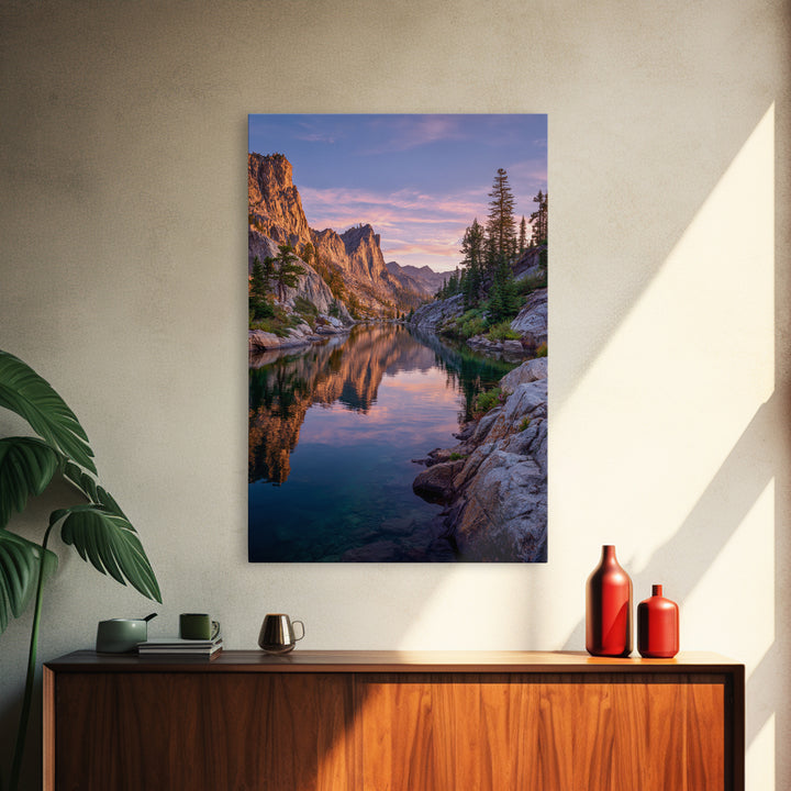 Stunning Mountain Lake Reflection At Sunset With Rocky Peaks And Pine Trees Wall Art Framed Canvas Print For Living Room