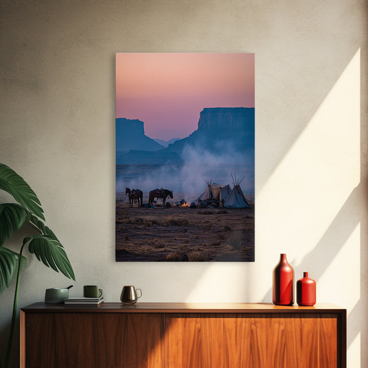 Misty Desert Sunrise With Horses And Teepees Landscape Photography Wall Art Print Large Wall Art