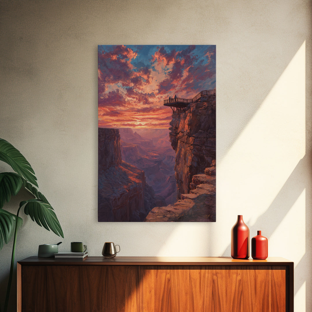 Grand Canyon Sunset With Dramatic Sky And Viewers On Overlook Wall Art Framed Canvas Print For Living Room Home Decor