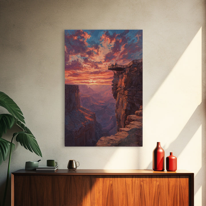 Grand Canyon Sunset With Dramatic Sky And Viewers On Overlook Wall Art Framed Canvas Print For Living Room Home Decor