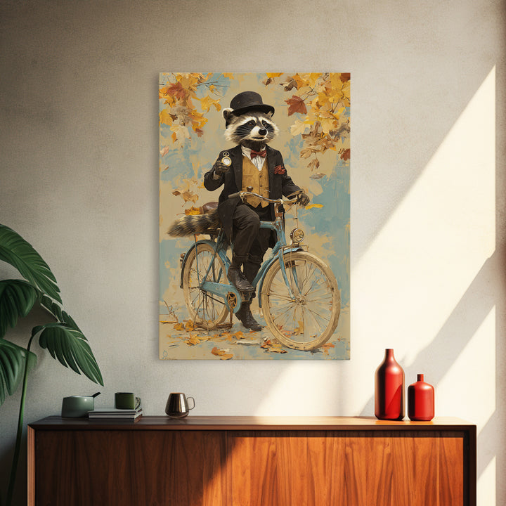 Whimsical Raccoon Riding Bicycle Canvas Print, Dapper Animal Wall Art For Nursery Room Decor And Quirky Animal Lover Gift