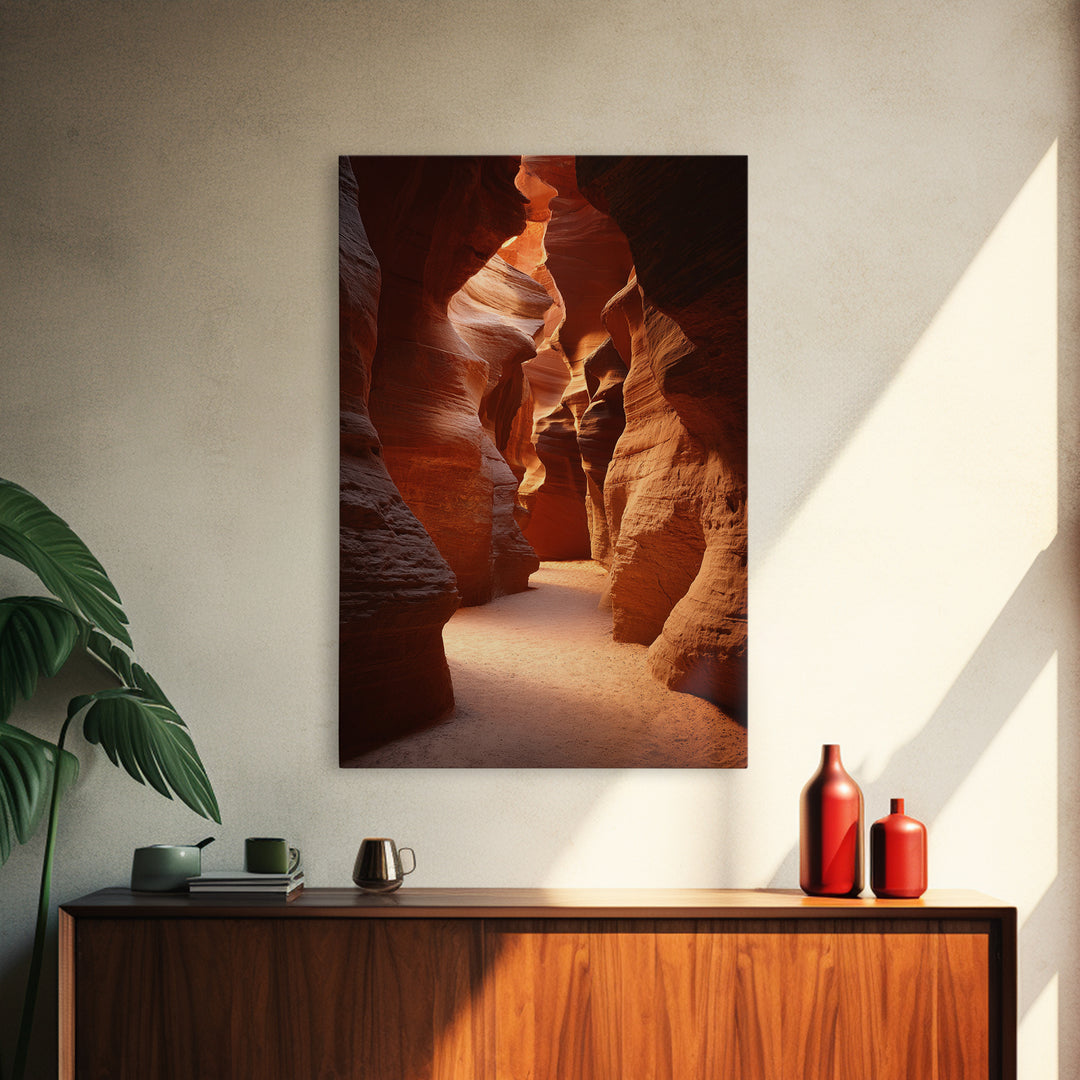 Sunlit Red Rock Canyon Pathway Between Towering Cliffs Framed Canvas Print For Rustic Home And Office Decor