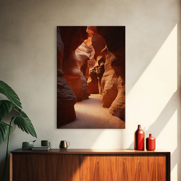 Sunlit Red Rock Canyon Pathway Between Towering Cliffs Framed Canvas Print For Rustic Home And Office Decor