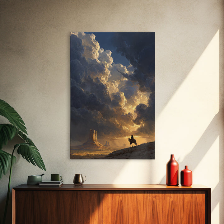 Dramatic Western Landscape With Cowboy On Horse And Monument Valley Scene Wall Art Canvas Print For Rustic Decor