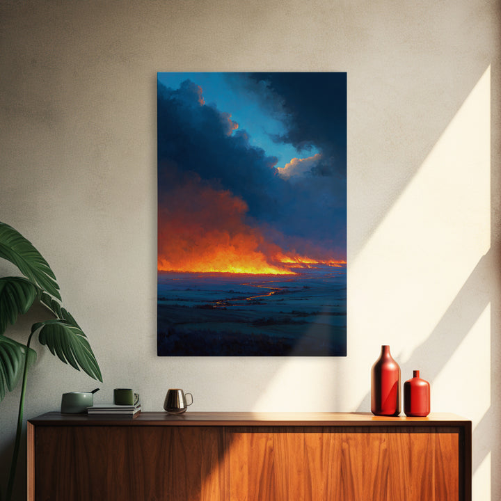 Dramatic Fire And Smoke Landscape Painting Large Wall Art Canvas Print For Rustic Home Decor And Office