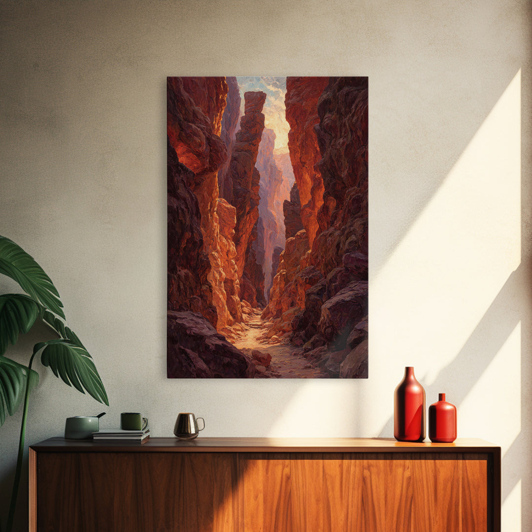 Sunlit Rocky Canyon With Warm Tones Nature Painting Wall Art Canvas Print Large Landscape Home Decor And Original Art