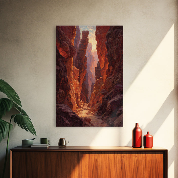 Sunlit Rocky Canyon With Warm Tones Nature Painting Wall Art Canvas Print Large Landscape Home Decor And Original Art