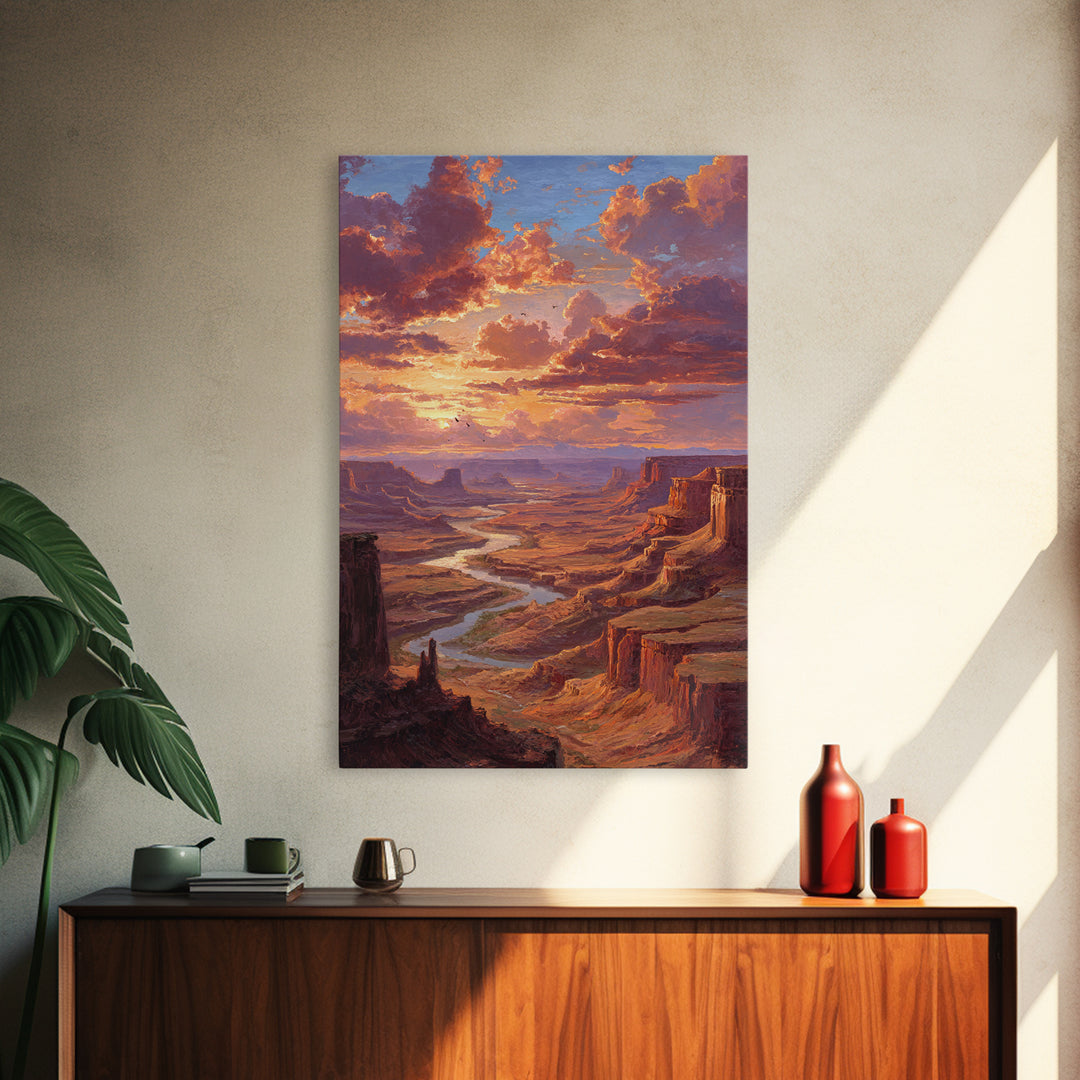 Sunset Over Canyon River Oil Painting Landscape Wall Art Large Framed Canvas Print Rustic Home Decor Gift For Nature Lovers