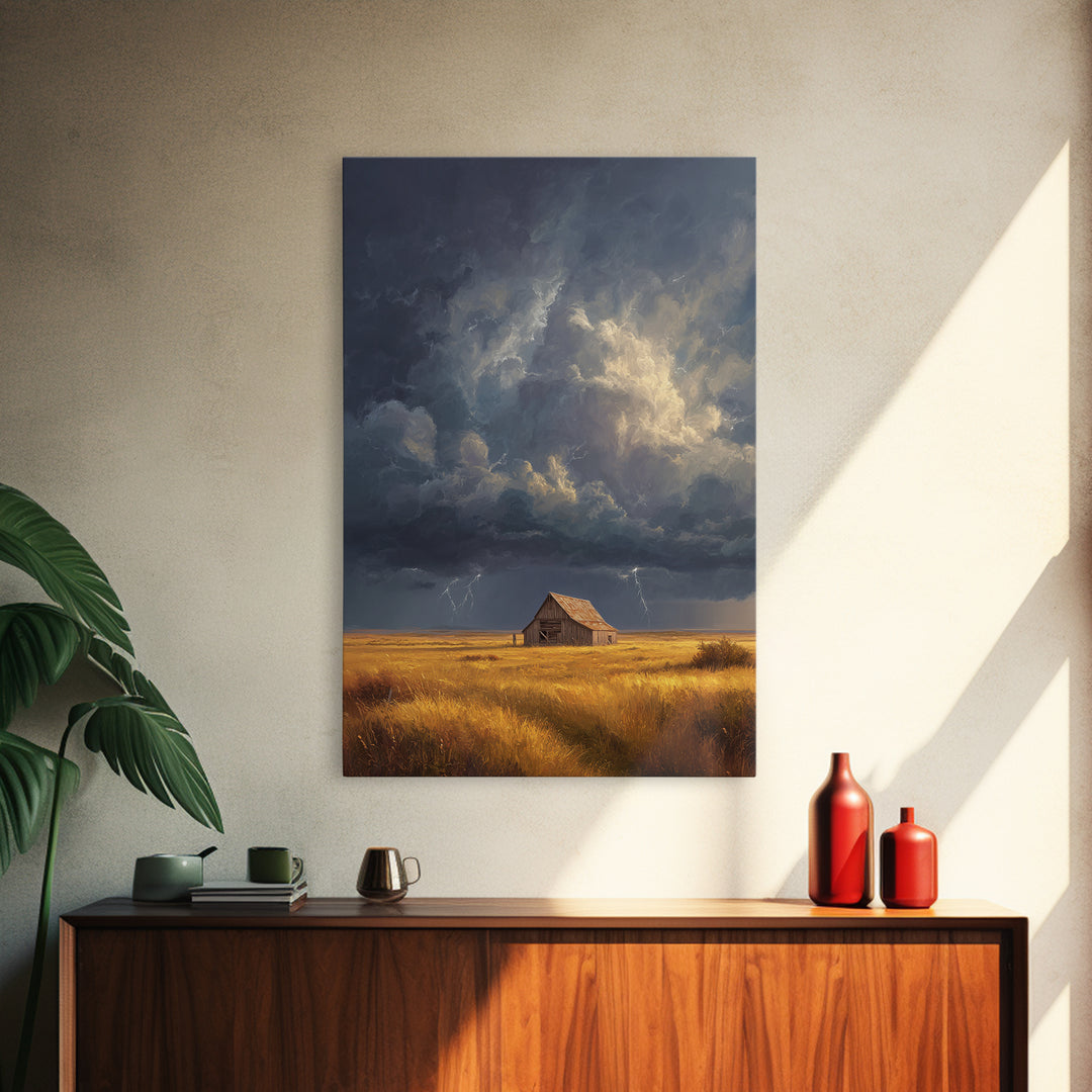 Rustic Barn In Stormy Field Landscape Wall Art With Dramatic Sky Lightning Canvas Print For Living Room Decor