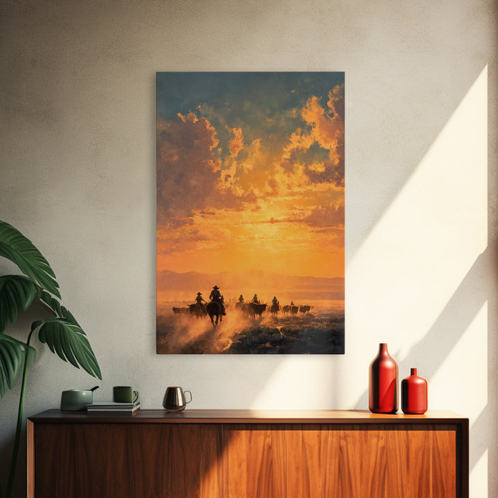 Sunset Cowboy Cattle Drive Ranch Scene Oil Painting Wall Art Framed Canvas Print For Rustic Farmhouse Home Decor