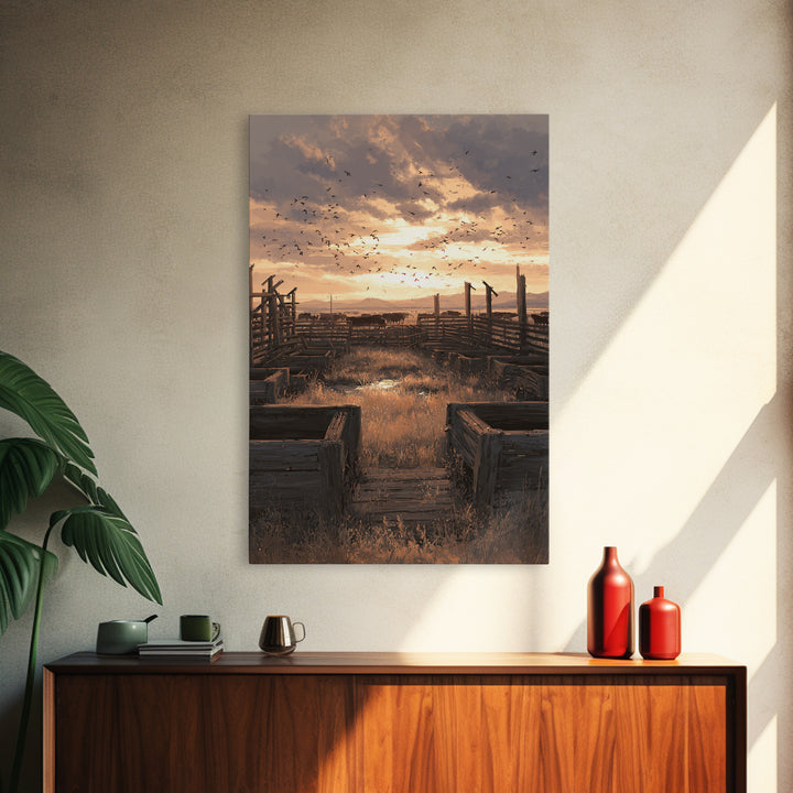 Rustic Landscape Oil Painting Of Cattle Corral At Sunset Wall Art Framed Canvas Print For Farmhouse Decor