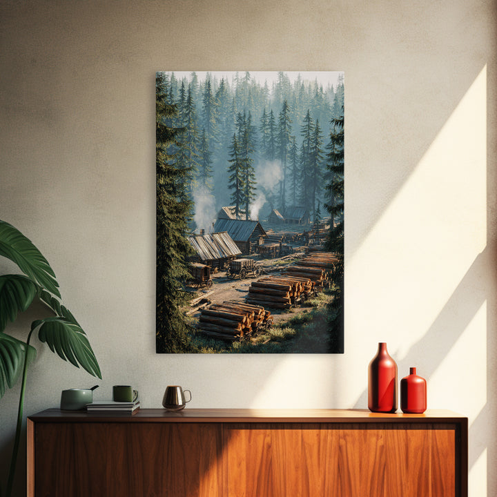 Rustic Log Cabin Village In Misty Forest Painting Wall Art Canvas Print For Cozy Home Decor Living Room Wall Art