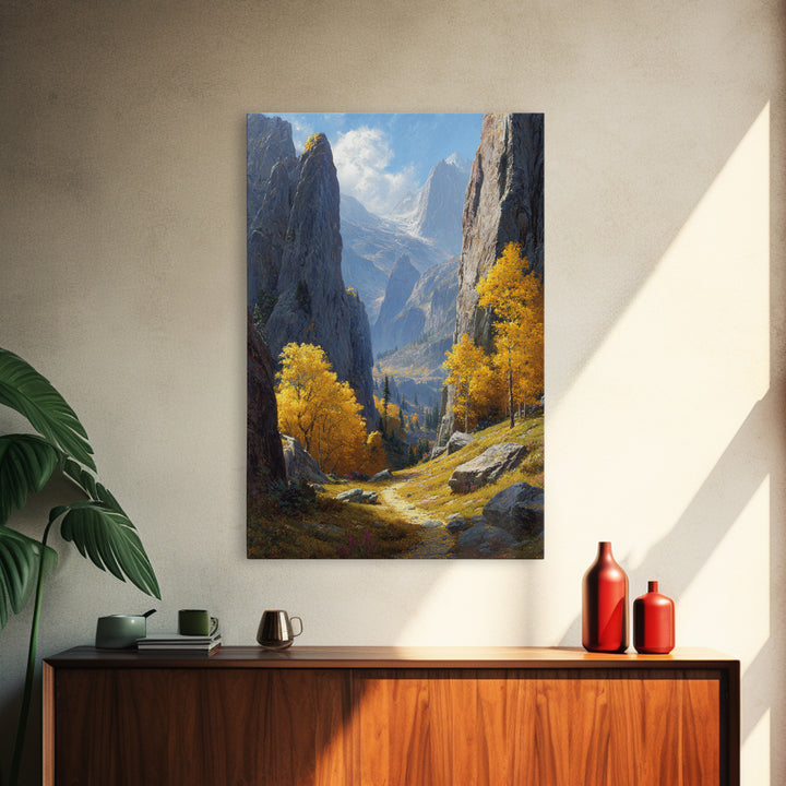 Majestic Mountain Valley Fall Landscape Painting Wall Art Framed Canvas Print For Warm Autumn Home Decor Living Room