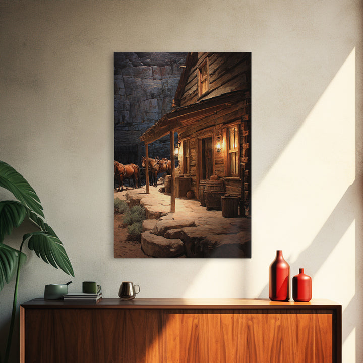 Rustic Western Cabin With Horses At Dusk Warm Oil Painting Wall Art Framed Canvas Print For Cozy Living Room