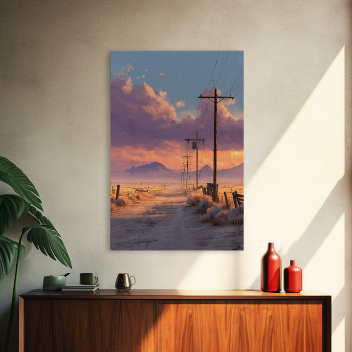 Desert Sunset Road With Power Poles And Mountains Minimalist Landscape Wall Art Framed Canvas Print For Modern Home