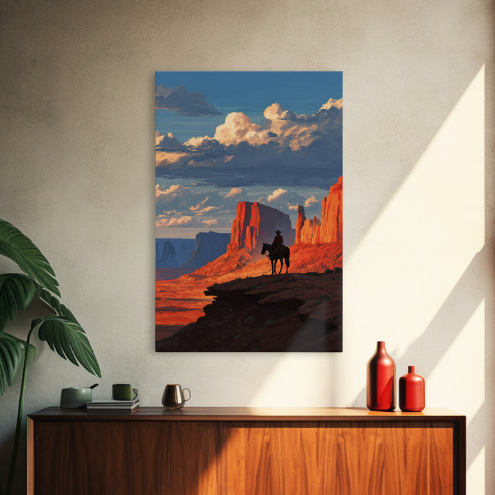 Cowboy On Horse Looking Over Red Rock Canyon Landscape Sunset Western Wall Art Canvas Print