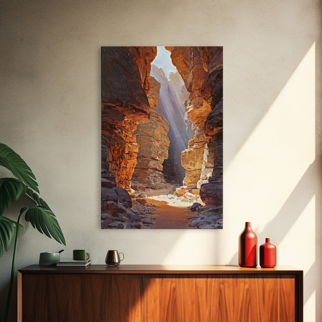 Sunlit Canyon Landscape Oil Painting Wall Art Stunning Nature Scene Framed Canvas Print For Rustic Home Decor