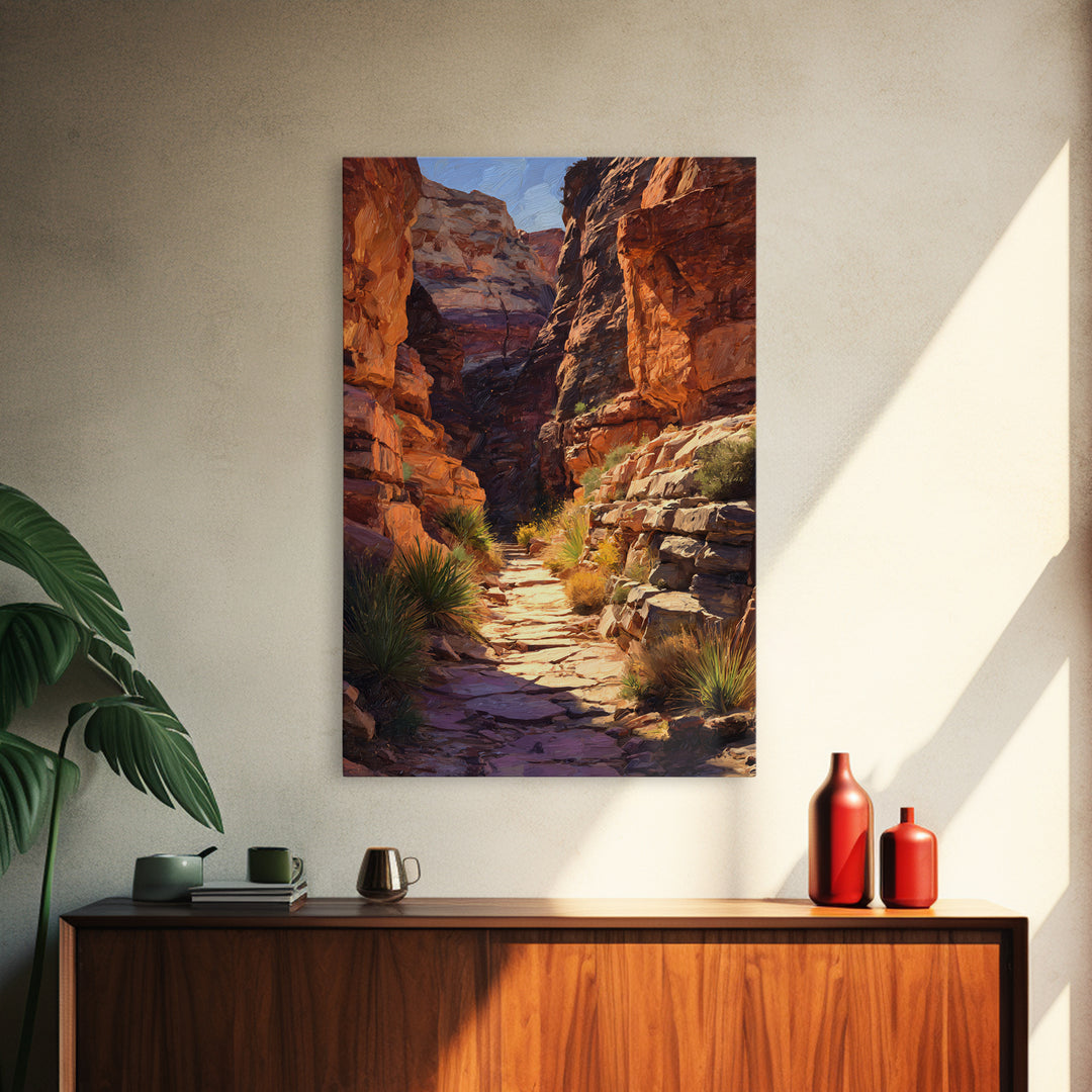 Rustic Canyon Pathway Desert Landscape Wall Art, Warm Earth Tones Framed Canvas Print For Modern Living Room Decor
