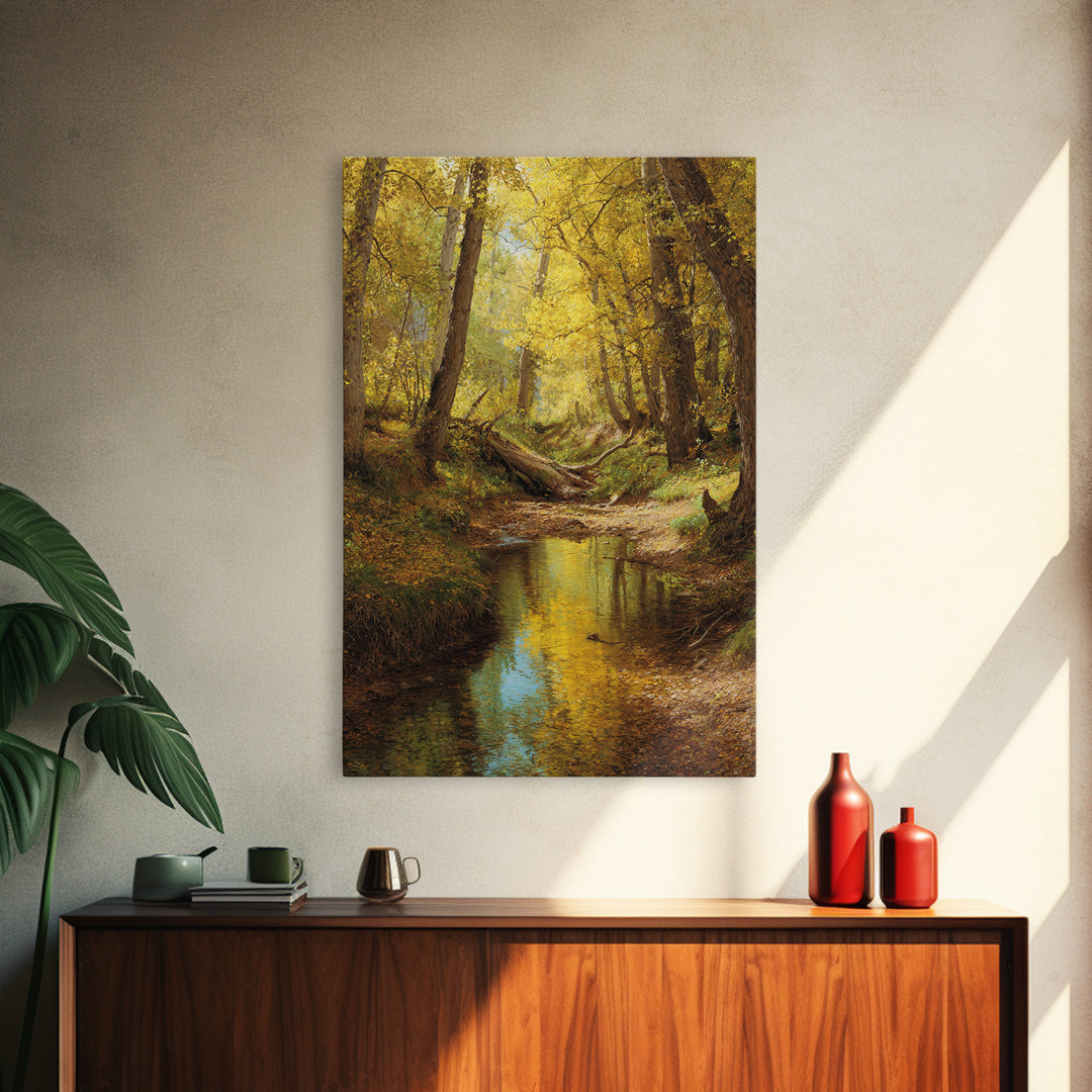 Serene Autumn Forest Landscape Oil Painting Canvas Print Featuring Golden Trees And Reflections For Wall Art