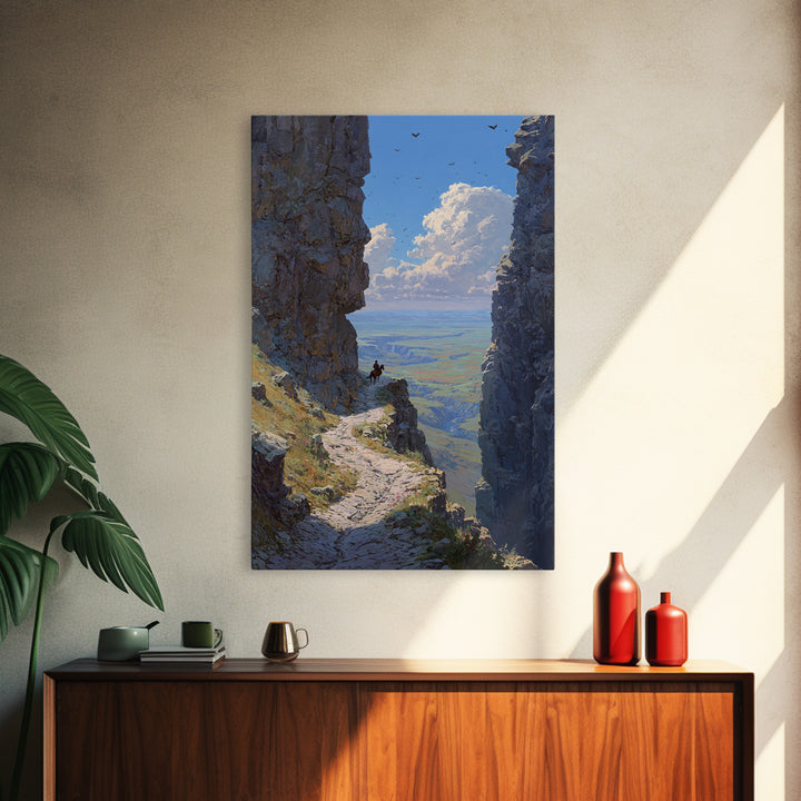 Western Cowboy On Horseback Amidst Majestic Rocky Canyon Landscape Large Wall Art Canvas Print