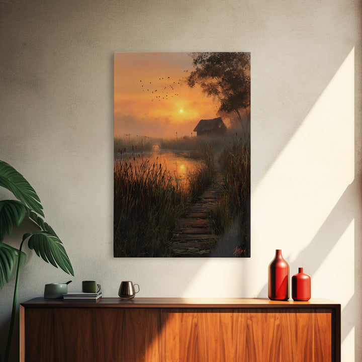Peaceful Country Cabin At Sunlit Evening With Birds Flying Over Still Pond Serene Landscape Wall Art Print