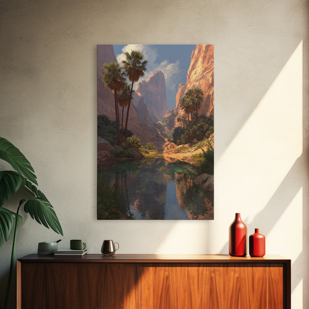 Stunning Desert Canyon Landscape Painting With Palm Trees Reflecting In Water Large Wall Art Canvas Print For Southwestern Home Decor