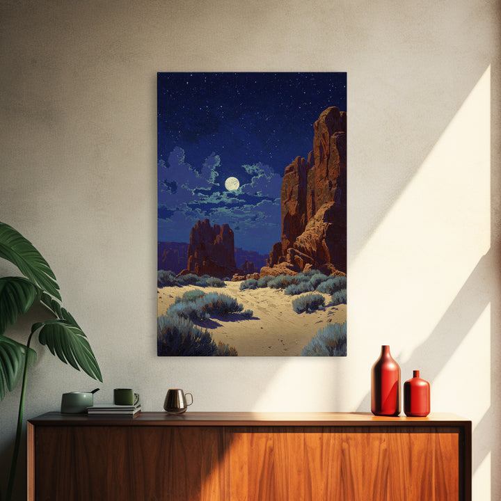 Starry Night Desert Landscape Wall Art With Moonlight Framed Canvas Print For Modern Rustic Home Decor And Cozy Living Room