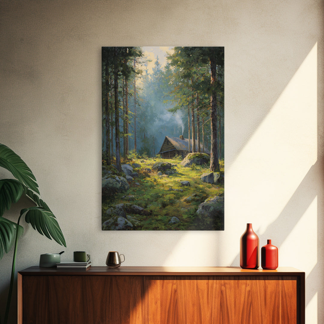 Sunset Campfire In Cozy Rustic Cabin Smoky Forest Original Oil Painting Wall Art Framed Canvas Print Warm Home Decor Nature Artwork