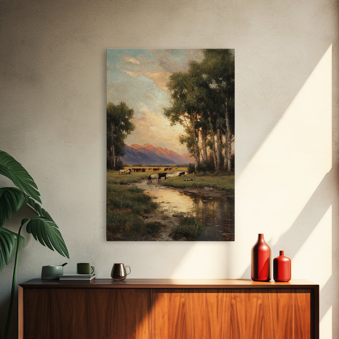 Serene Pastoral Landscape Oil Painting Artwork Featuring Cows Grazing Near Mountains Large Wall Art Canvas Print For Rustic Home Decor