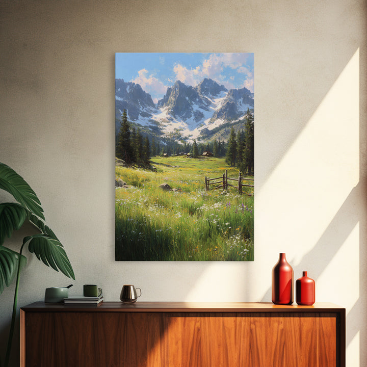 Rustic Mountain Landscape With Wildflower Meadow Original Oil Painting Large Wall Art Canvas Print