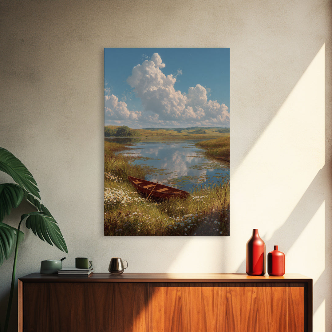 Quiet Lakeside Scene With Rowboat And Wildflowers Landscape Oil Painting Fine Art Print Wall Art