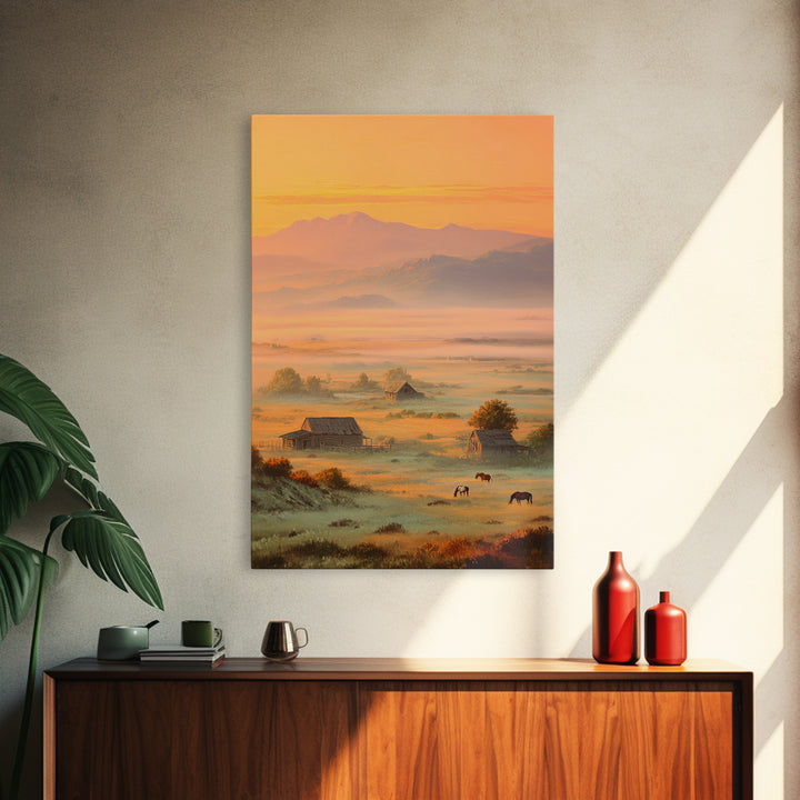 Golden Morning Mist Over Rustic Barns And Horses With Mountain Background Wall Art For Cozy Living Room Decor