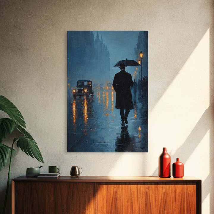 Rainy London Street With Umbrella Wall Art, Moody Blue Cityscape Oil Painting Print For Living Room Office Decor And Dark Academia
