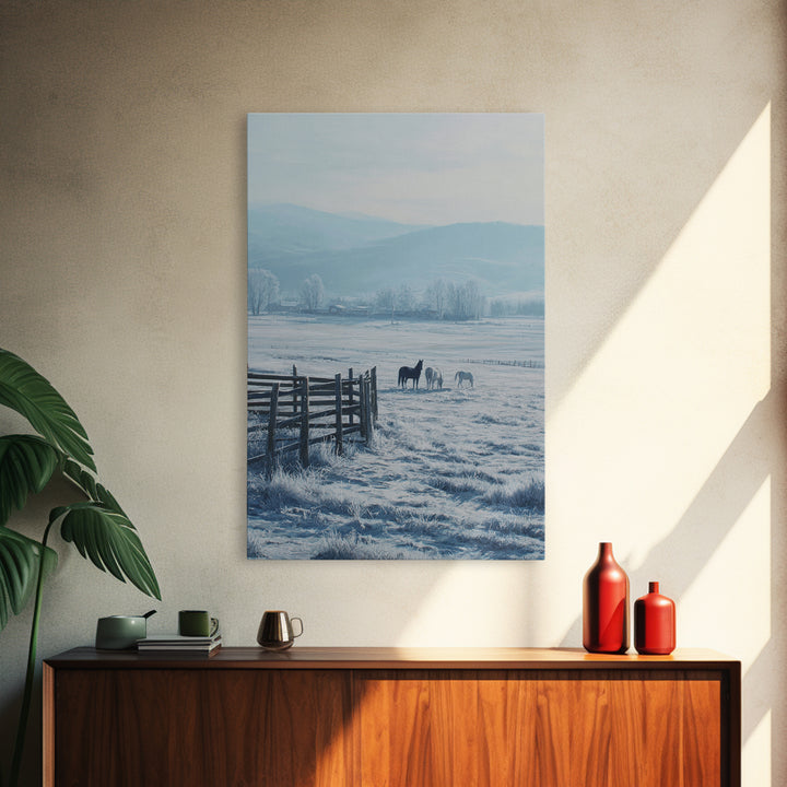 Winter Landscape Painting With Horses In Snowy Field Featuring Wooden Fence Pastel Tones Canvas Print For Rustic Home Decor