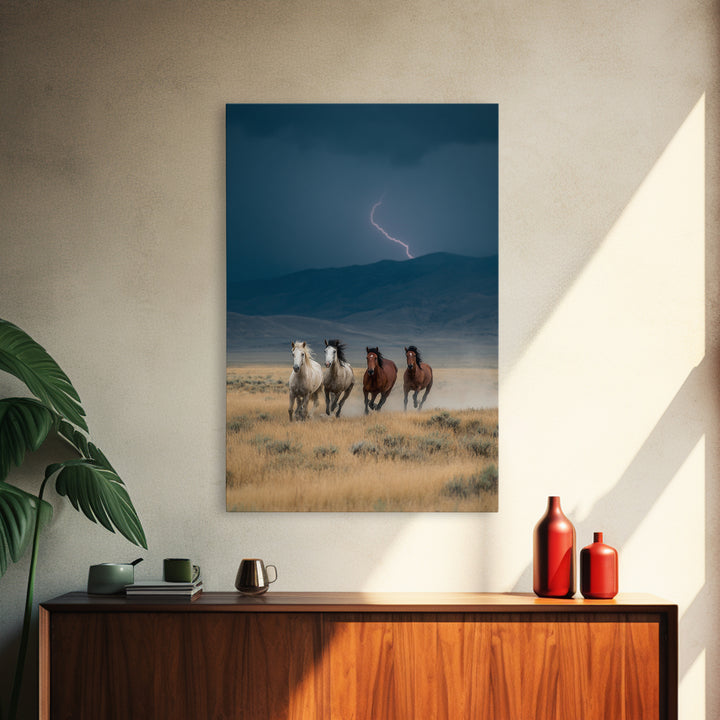 Wild Horses Running Amid Stormy Landscape Canvas Print, Dramatic Animal Wall Art, Rustic Western Home Decor