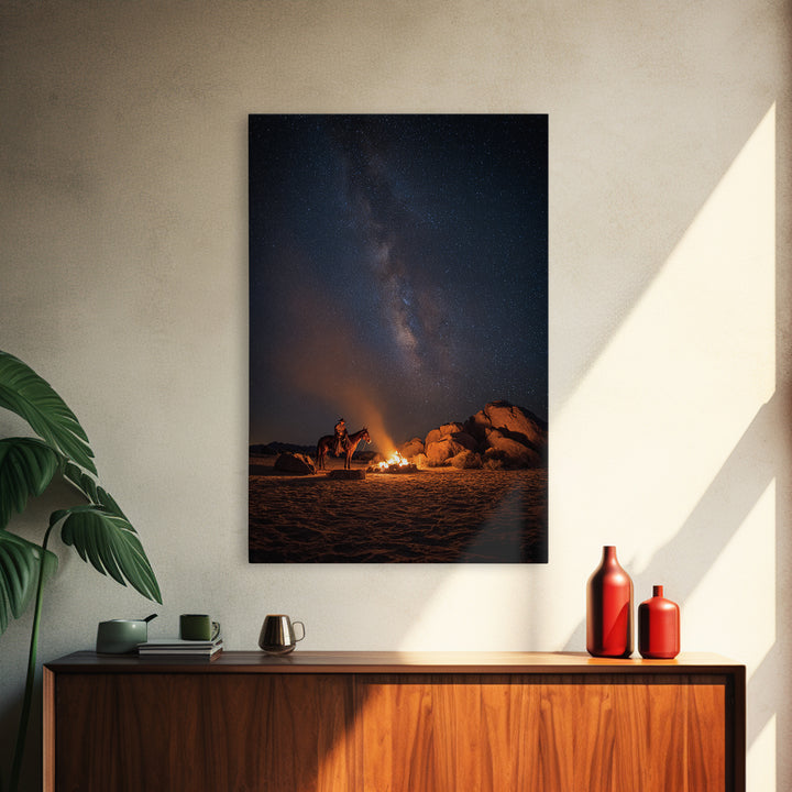 Wild West Cowboy By Campfire Under Starry Night Sky Large Wall Art Canvas Print For Rustic Western Home Or Man Cave Decor