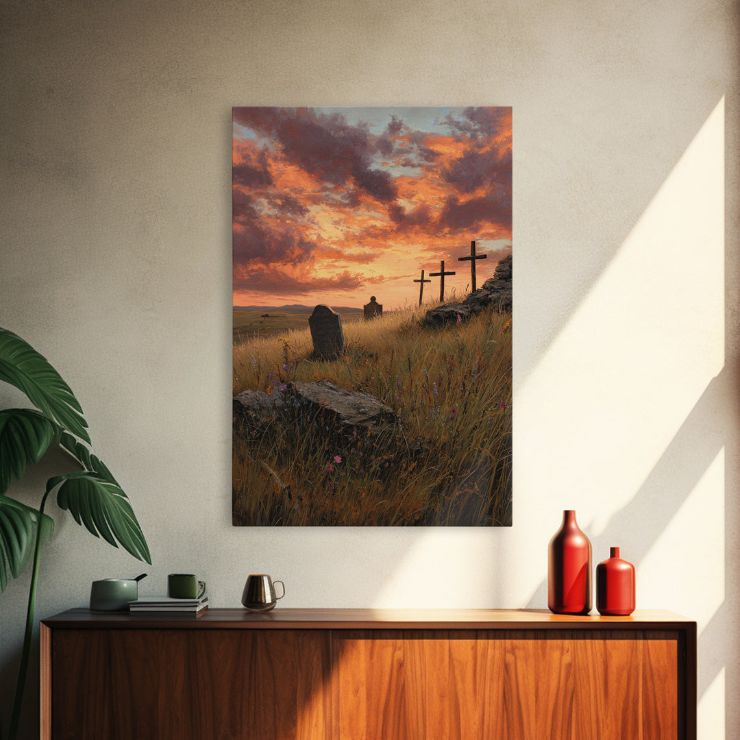 Sunset Cemetery Scene Oil Painting With Striking Sky And Crosses Wall Art Framed Canvas Print For Living Room Decor