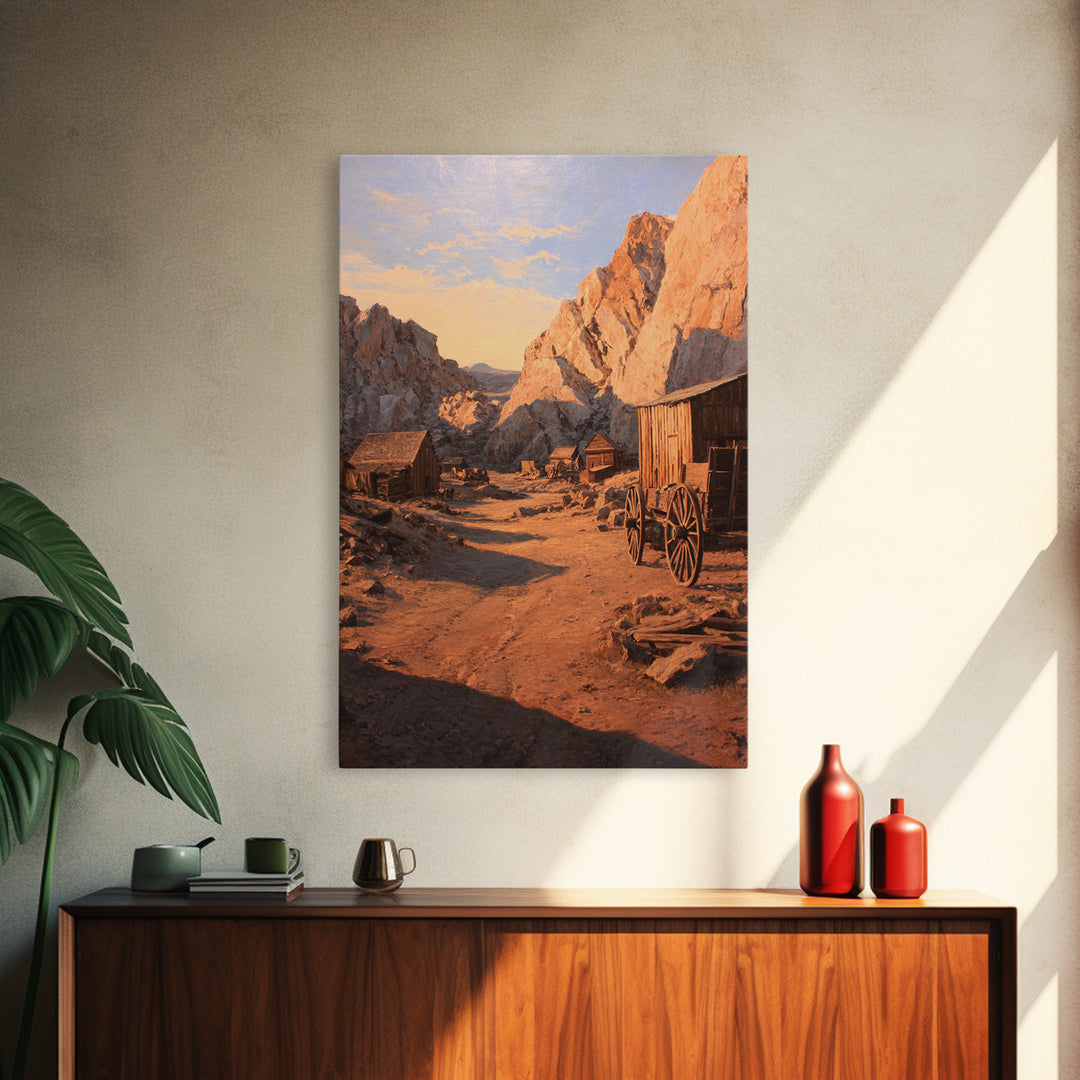 Rustic Western Homestead Scene Wall Art Depicting Mountain Landscape With Old Wagon Large Wall Art Framed Canvas Print